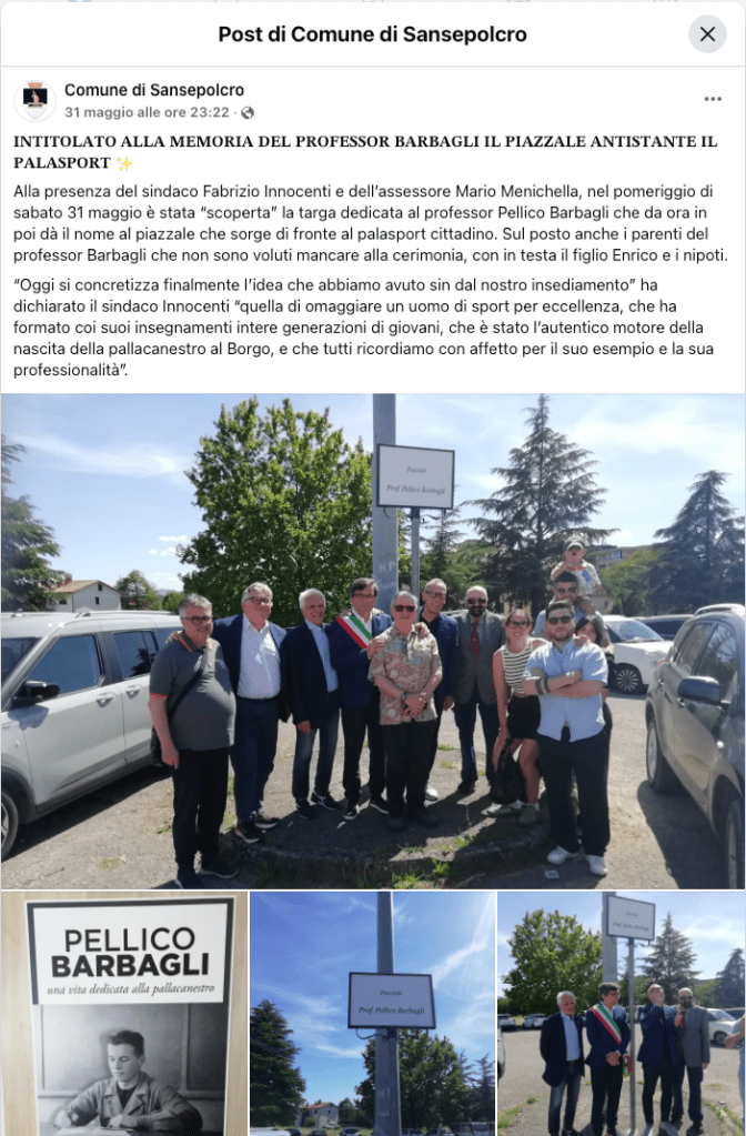 Cerimonia di intitolazione del piazzale al professor Pellico Barbagli, alla presenza del sindaco della Città, figli e nipoti del Professore, giornalisti e targa commemorativa. Da oggi la Città di Sansepolcro ha un nuovo indirizzo civico a cui riferirsi.
